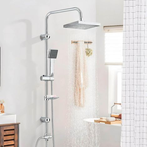 Colonne de Douche Ensemble de Douche à effet pluie Chromé Colonne de Douche Inox et Douchette à Main Réglable Tête de Douche 20x20 cm Chromé (1/5)