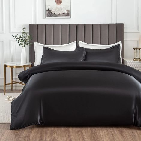 Satin Bettwäsche 200x220 cm Schwarz Kühlend mit Reißverschluss & 2 Kissenbezügen 80x80 cm