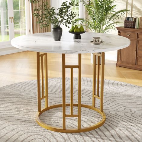Runder Esstisch (80×80×76cm), Küchen-Esstisch, runder Couchtisch für 4 Personen, geeignet für Esszimmer, Wohnzimmer, stilvolle Tischbeine aus Metall, Tischplatte aus MDF-Marmor, Gold