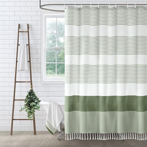 Rideau de douche en coton à rayures bohèmes, avec pompons, 182,88 x 182,88 cm, gris-vert