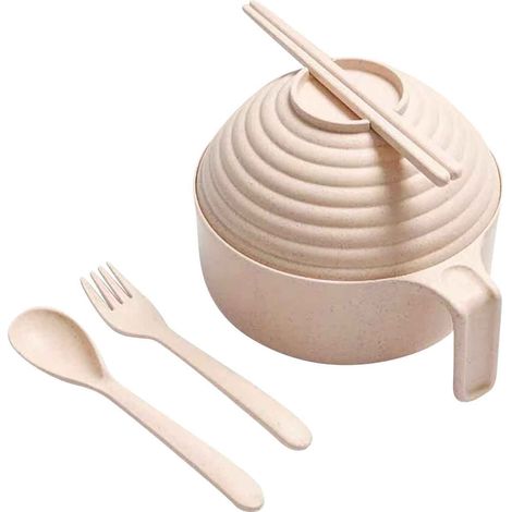 Bol En Paille De Blé Avec Couvercle - Pour Soupe Nouilles Dessert - 15,5 X 15,5 X 13 Cm - Lot De 1 Bol 1 Cuillère 1 Fourchette 1 Baguette (1/5)