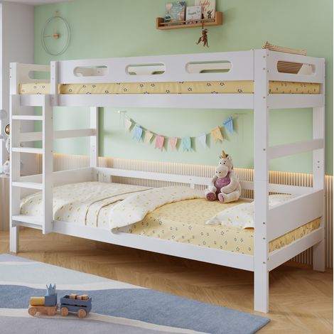 Litera infantil 90x200 cm blanca, madera y MDF con escalera y barrera de seguridad