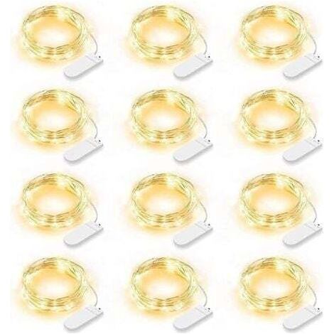 Lot de 12 Guirlande Lumineuse LED, Guirlande Lumineuse à Piles 2m 20 LEDs Fée Chaîne Lumières Guirlande IP65 Étanche LED Déco pour Chambre Noël Mariage Fête Jardin, Blanc Chaud (Blanc Chaud)