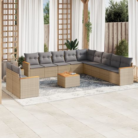 12-tlg. Garten-Sofagarnitur mit Kissen Beige Poly Rattan (1/3)