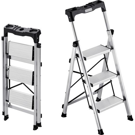 VEVOR Scaletta Pieghevole Salvaspazio con 3 Gradini con Ampio Pedale Antiscivolo e Impugnatura Comoda, Scala a Pioli Portatile in Alluminio con Capacita di 150 kg, Multiuso per Cucina, Casa