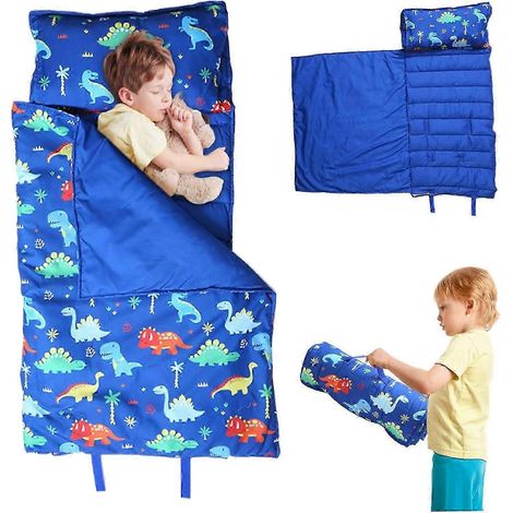 Tapis de sieste pour tout-petits avec oreiller et poignée, sac de couchage portable enroulable pour enfants, idéal pour la garderie et la maternelle, motif dinosaure. (1/5)