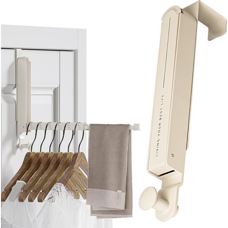 Porte-manteau de porte extensible pliable 34 cm - En métal - Pour 6 cintres - Pas de perçage nécessaire - Avec fente antidérapante pour moins de 4,4 cm - Pour sacs, vêtements et serviettes, beige (1/4)
