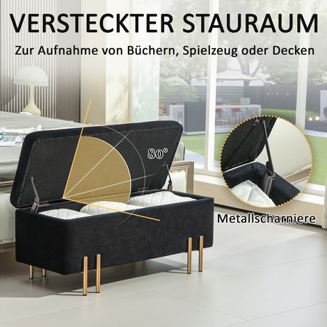 Coffre de rangement rembourré en métal et bois d'hévéa, assise matelassée en mousse, dimensions 100x40x42 cm, coloris noir
