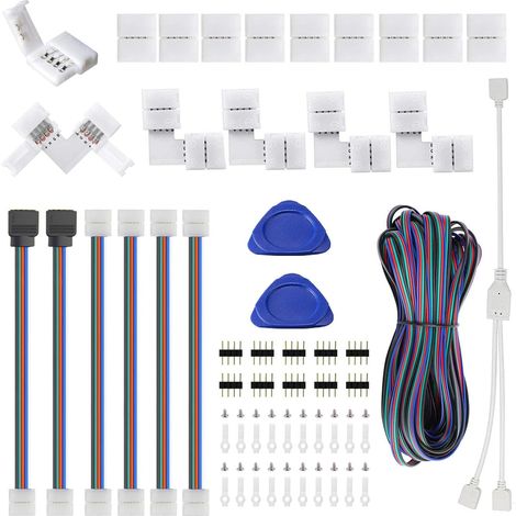 LED Strip Connector 8mm 4 Pin for 3528 2835 RGB Rope Lights, 32.8ft/10M Extension Wire Cable, L Shape Corner Connector, Solderless Jumpers Connector for 5V 12V Multicolor LED Strip (1/5)