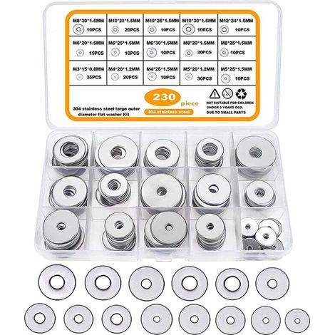 230 Pièces Rondelles Plates Larges, Rondelles en Acier Inoxydable, Rondelle étanchéité Ronde Fixation Meuble pour Vis Boulons, Ensembles d'Outils à Main, M3-M12 (1/5)