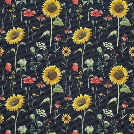 Tela decorativa Oxford para exteriores con estampado de girasoles en el prado. (1/5)