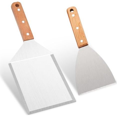Ensemble de 2 spatules de barbecue en acier inoxydable - Spatule plancha - Louches à manche en bois - Accessoires pour barbecue - Pour steaks, pizzas et grillades - Pour cuisiniers amateurs (1/5)