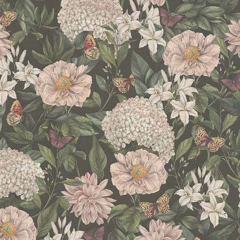 Blumen Tapete Profhome 394261 heißgeprägte Vliestapete leicht strukturiert mit floralen Ornamenten matt schwarz weiß rosa grau 5,33 m2