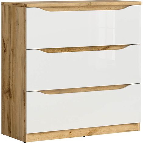 Commode à 3 tiroirs, coloris chêne Wotan/blanc brillant - Longueur 90 x Profondeur 39,5 x Hauteur 91,5 cm (1/5)