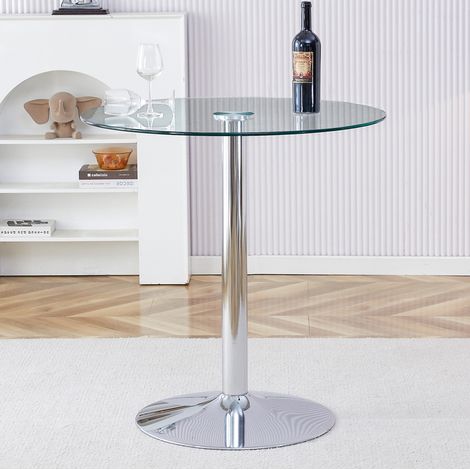 Mesa alta de bar redonda (89x89x92 cm), de vidrio transparente, base metálica estable, vidrio y metal, transparente y plateado (1/5)