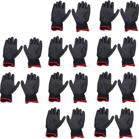 Gants de travail de sécurité antidérapants revêtement PU, 10 paires, nylon antistatique, taille 7 (S), noirs bordure rouge, usage général (1/5)