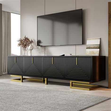 Meuble TV bas avec portes texturées, pieds et poignées dorés, meuble télévision design, 2 portes, finition élégante (1/5)