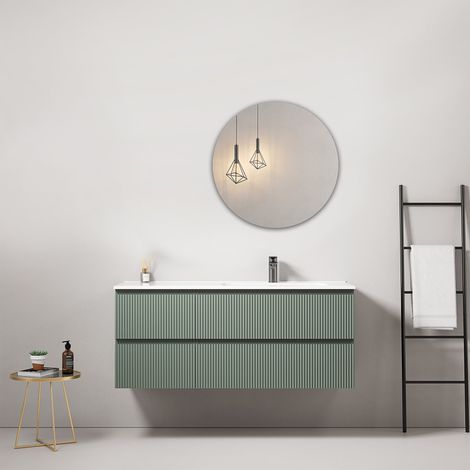 Mobile bagno sospeso cannettato 120 cm Verde Salvia Lavabo a Destra in Ceramica Specchio Tondo - Fiji Paint (1/4)