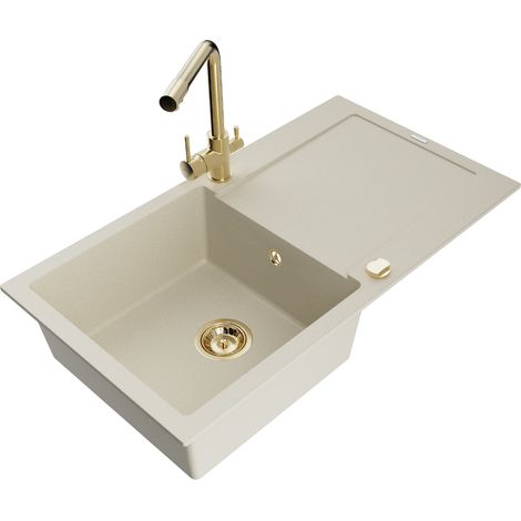 Mexen Leo 1 Becken-Granitspüle mit Abtropffläche und Mischbatterie Duero, Beige- 6501-69-671600-50