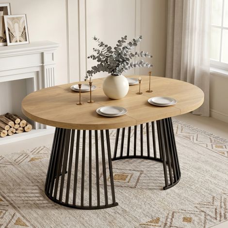 REDOM Tavolo da pranzo rotondo allungabile 100/138/176x100 cm, 3 lunghezze, piano 3 cm, gambe in metallo, MDF rovere per 4 a 8 persone