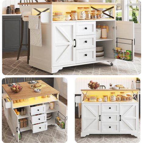 Chariot cuisine avec LED table pliante roulettes multifonction îlot bar moderne (1/5)