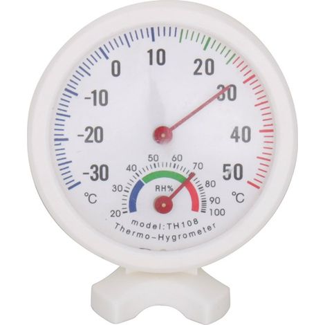 TH-108 Thermometer-Hygrometer – Mini, tragbar – Uhrform – Analog – Für drinnen und draußen – Weiß – -3050°C
