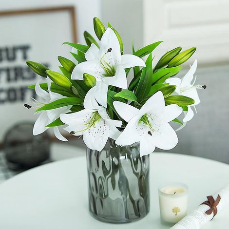 6 37cmfleurs Blanc Lys Artificielle Bouquets Blanc, Faux Raliste Fleur Lis Pour La Fte De Mariage Dcoration D'intrieur Jardin (1/5)