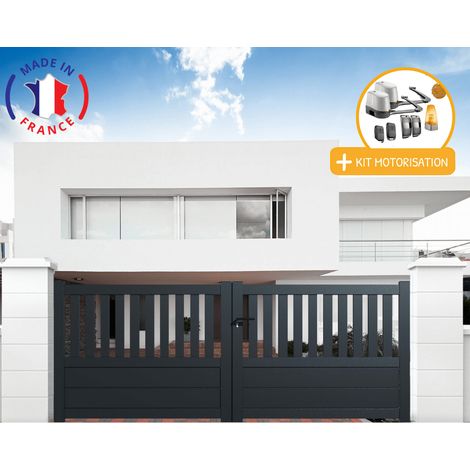 Portail aluminium battant semi-ajouré en kit + Motorisation dimensions L.3000 (entre piliers) X H.1300 mm LOCKYVIA (à bras) Couleurs Gris (RAL 7016) (1/2)