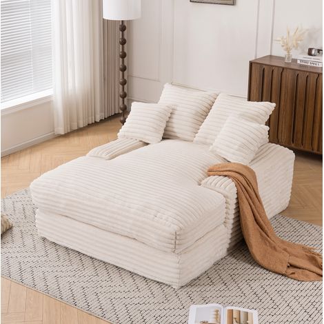 Chaise longue 165x135x58 cm in velluto a coste beige, salvaspazio per soggiorno FLORAGRACE (1/5)