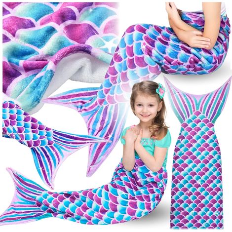 Saco de dormir tipo manta con forma de cola de sirena, suave y envolvente, color morado y cálido. (1/5)