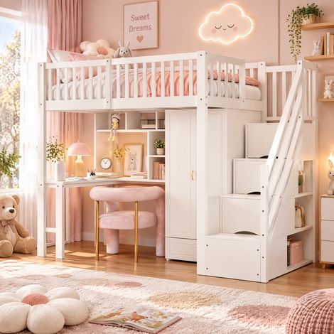 JOOKGBD-Letto Soppalco in Legno 90×200cm Bianco con Scrivania, Appendiabiti, Mensole e Scala Portaoggetti con Cassetti, Ringhiera Completa per Cameretta Bambini e Ragazzi (1/5)