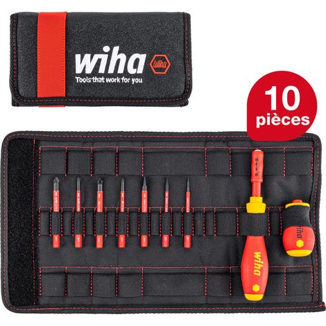 Wiha Jeu de tournevis et embouts slimVario® Fente, Pozidriv, PlusMinus/Pozidriv 10 pcs y compris une trousse repliable (41233)