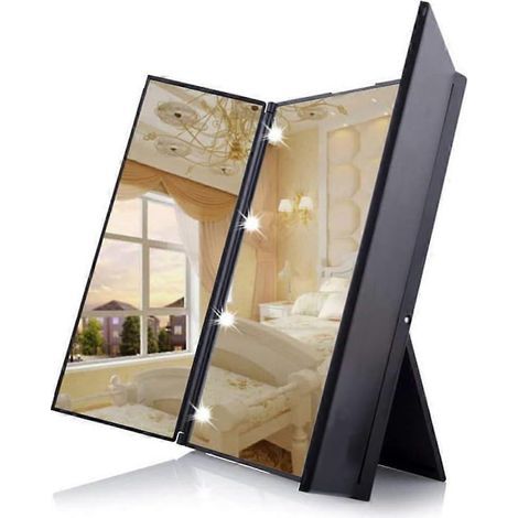 Miroir de maquillage compact de voyage pliable en trois parties, avec 8 LED et piles incluses - Noir (1/3)
