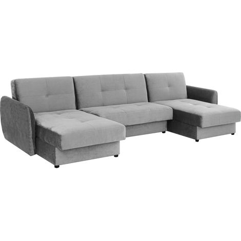 Tendencio – Canapé panoramique convertible 5 places – Double méridienne – Coffres de rangement – Dossiers inclinables – Tissu velours gris clair