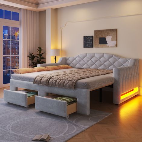 Tagesbett Samt Grau 90x200 cm, ausziehbar auf 180x200 cm, mit 2 Schubladen, LED und Lattenrost