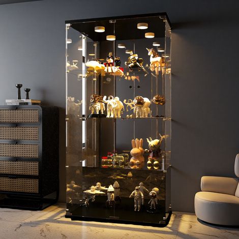 Vitrine en verre à deux portes, 4 niveaux, bibliothèque rare sur pied, idéale pour un salon, une chambre ou un bureau. Noir (164 x 81 x 37 cm) (1/5)