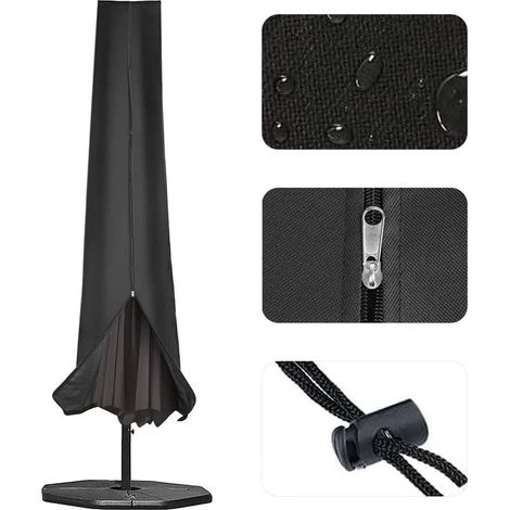 Housse de parasol 190x25x50 cm - Capuchon adapté Ø 300 cm / 200x300 cm - Tissu Oxford 210D imperméable - Revêtement PVC anti-déchirure - Fermeture éclair - Noir (1/5)