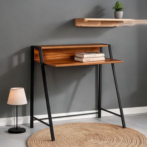 Bureau d'angle compact en MDF noyer et métal 84 x 45 x 85 cm (1/5)