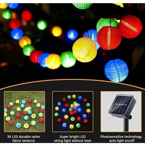 Guirlande Lumineuse Lampe Solaire - 6 m 30 LED Lampion Solaire Extéri Multicolore IP65 Etanche 8 Modes Guirlande Guinguette Lanterne Pour Jardin Patio (1/5)
