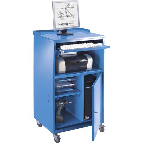 Pupitre pour ordinateur mobile 1170 x 690 x 590 mm – Acier époxy bleu clair RAL 5012 – Tablette clavier et rangement intégré – 4 roulettes pivotantes – Eurokraftbasic
