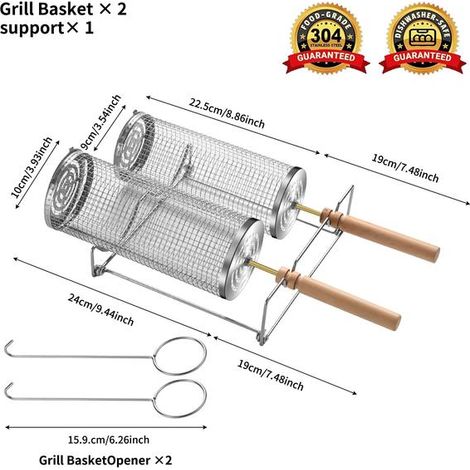 Panier à griller à roulettes - Le meilleur panier à griller jamais conçu, grille ronde en acier inoxydable - Cage à griller 24+22,5 avec poignée en bois allongée et grand support (1/2)