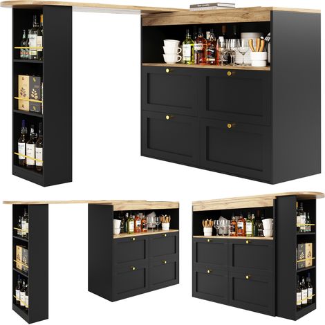 360° drehbare Küchenbar aus schwarzem MDF mit 4 Schubladen und offenen Regalen (1/5)