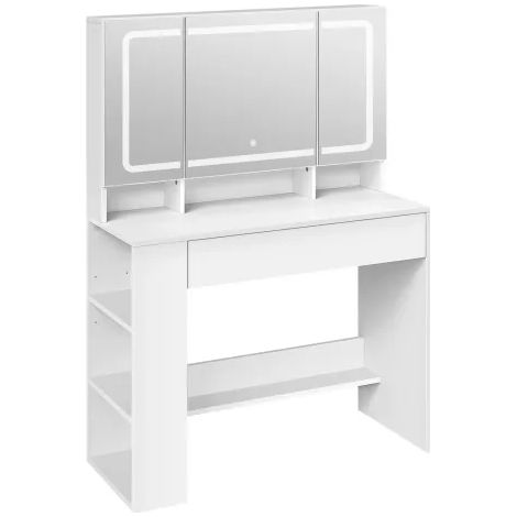 Coiffeuse LED blanche miroir 90 cm avec étagères latérales et placards
