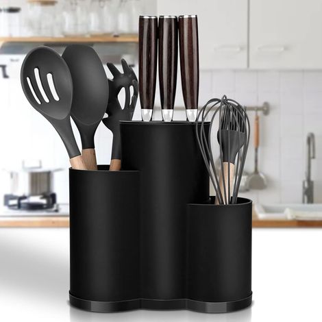 Portacoltelli 3 in 1, porta posate e forbici, per una cucina sicura, pulita e ordinata, organizer multifunzionale per coltelli, coltello non incluso (nero)