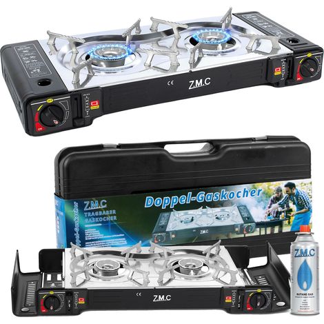 Hornilla de camping de acero inoxidable, 2 quemadores de 2,5 kW, encendido piezoeléctrico, compatible con bombonas de GLP, maletín de transporte compacto. (1/5)