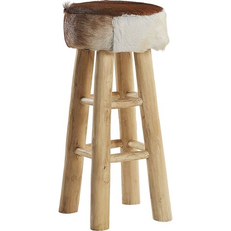 Taburete de bar de piel de cordero con patas de madera de teca estilo rústico Walton (1/5)