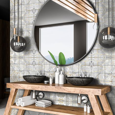 Sticker Mural Carrelage adhésif Cuisine Salle de Bain - 60 STICKERS CARREAUX DE CIMENT EFFET MARBRE GRIS ET DORÉ - 60stickers10x10cm (1/5)