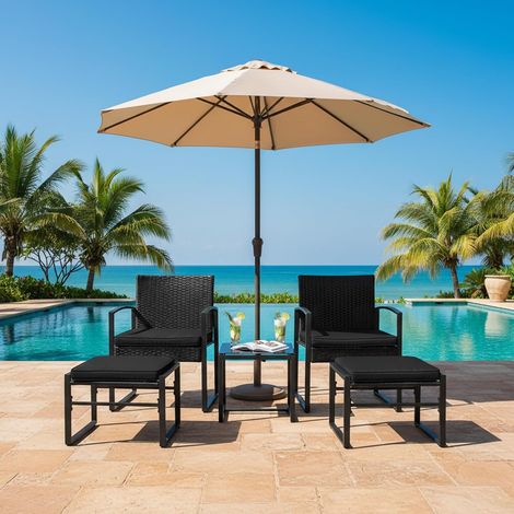 H.J WeDoo Salon de Jardin Exterieur 5 Pièces, Table et Chaise de Jardin Exterieur en Poly Rotin et Métal Mobilier, 2 Fauteuils, 1 Table et 2 Tabourets pour Cours, Balcons, Noir (1/5)