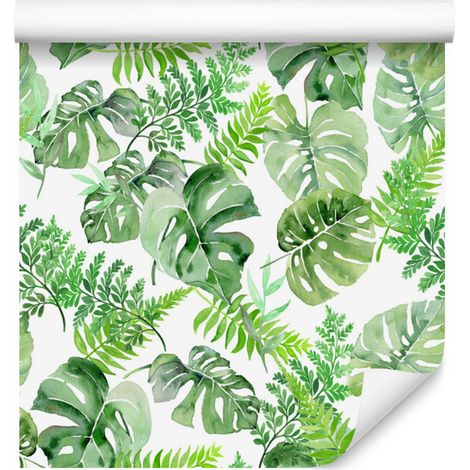 Papel pintado de hojas tropicales en estilo acuarela para salón y dormitorio, 50x1000 mm. (1/5)