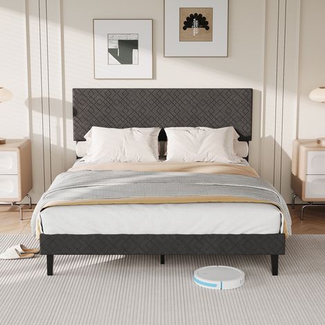 Letto matrimoniale 160x200 cm con testiera imbottita e rete a doghe Stile industriale - lino - grigio